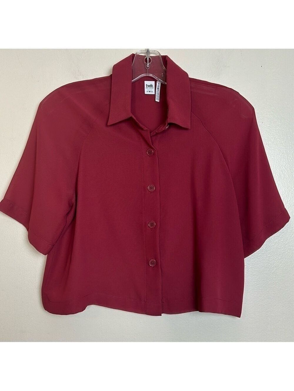 Simons Twik Relaxed Fit Sheer Sleeve Cropped Boxy.Flowy Button Up Top in Rust